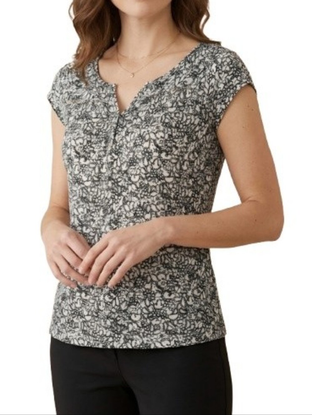 LOFT Petites Abstract Floral Print Blouse Black White Split Neck Lightweight
